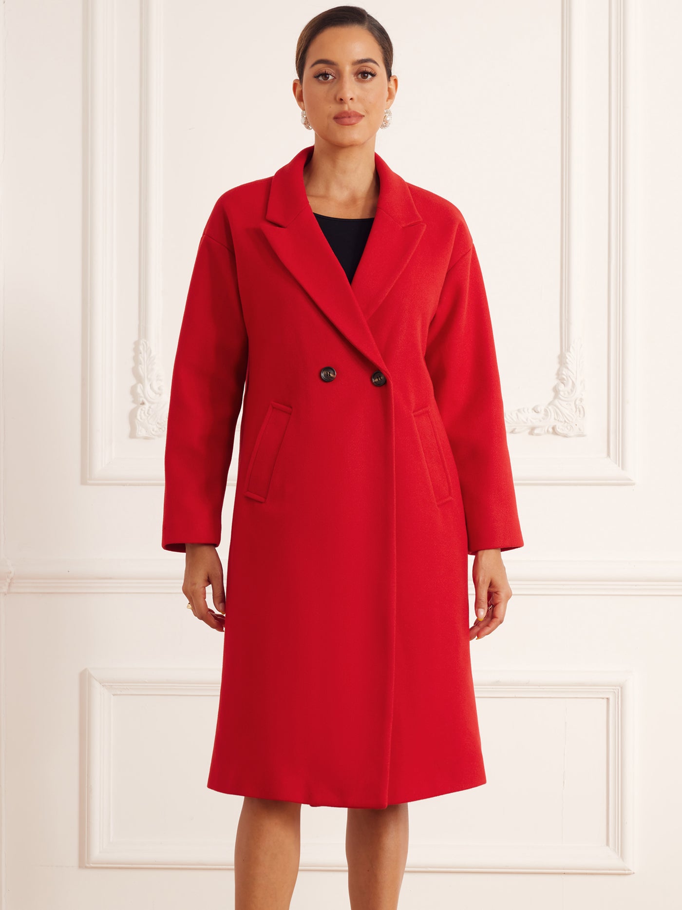 Allegra K Notch Lapel Double-Breasted Solid Color Mid-Length Pea Coat