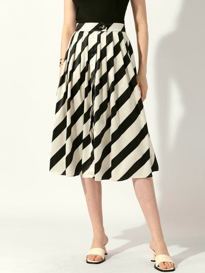 Allegra K Vintage Striped Pleated A-line Flared Pocketed Midi Skirt