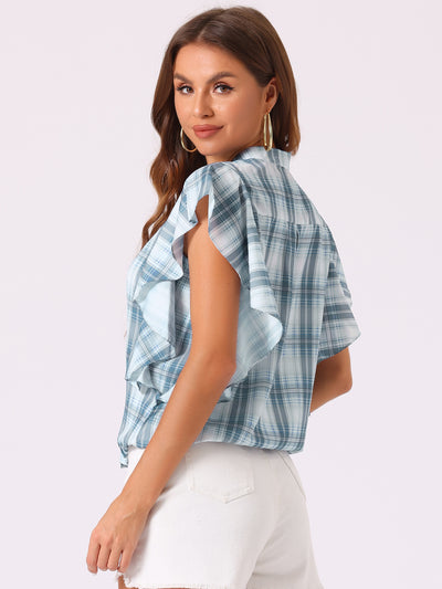 Plaid Casual Ruffle Short Sleeve Drawstring Blouse