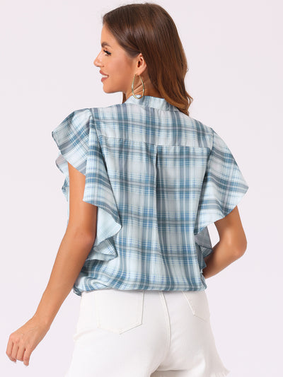 Plaid Casual Ruffle Short Sleeve Drawstring Blouse