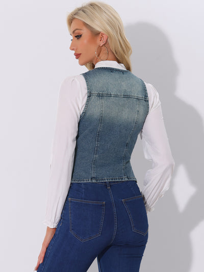 Denim Vest Sleeveless Collarless Washed Distressed Jean Jacket