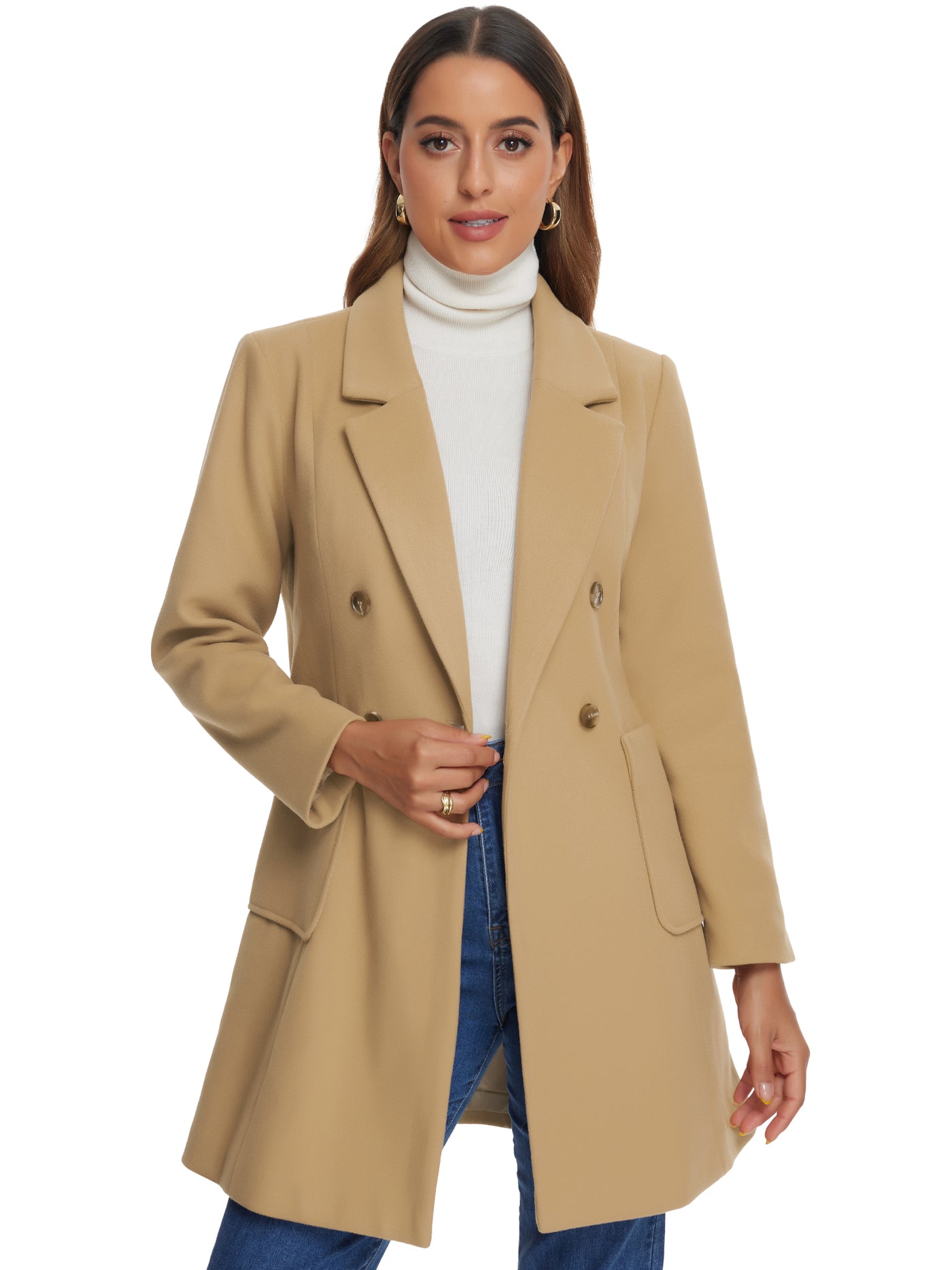 Allegra K Notch Lapel Double Breasted Long Sleeves Winter Pea Coat