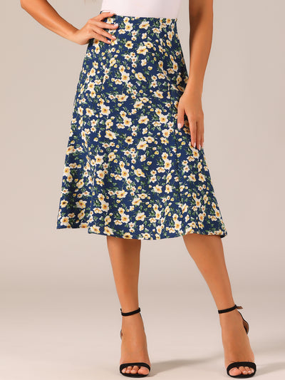 Floral Peasant Elastic Waist A-Line Ditsy Leave Midi Skirt