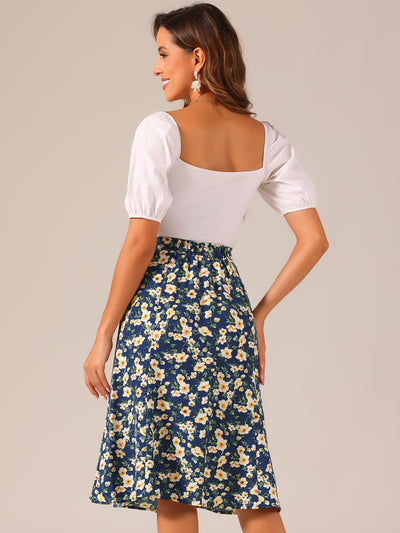 Floral Peasant Elastic Waist A-Line Ditsy Leave Midi Skirt