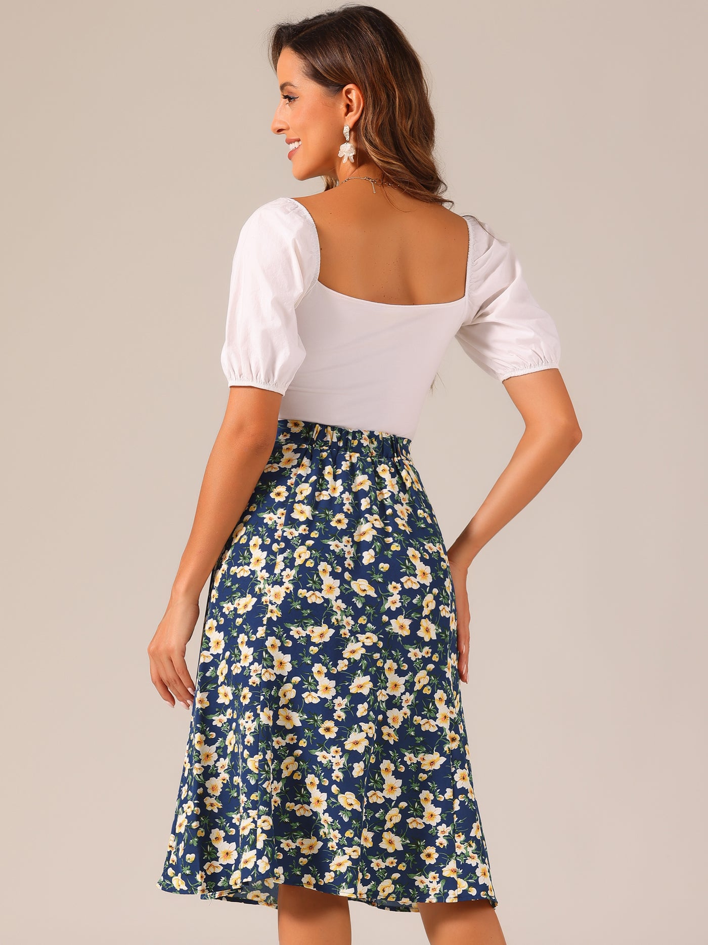 Allegra K Floral Peasant Elastic Waist A-Line Ditsy Leave Midi Skirt