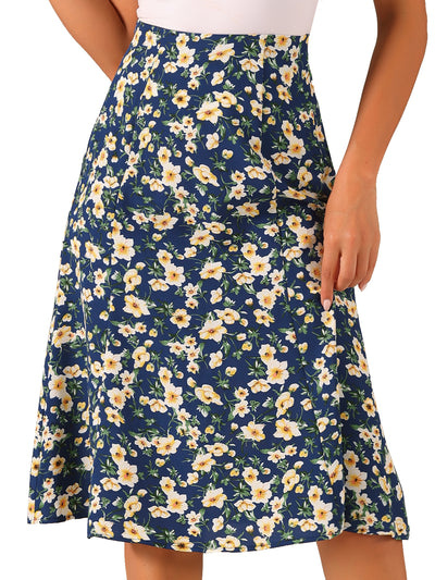 Floral Peasant Elastic Waist A-Line Ditsy Leave Midi Skirt