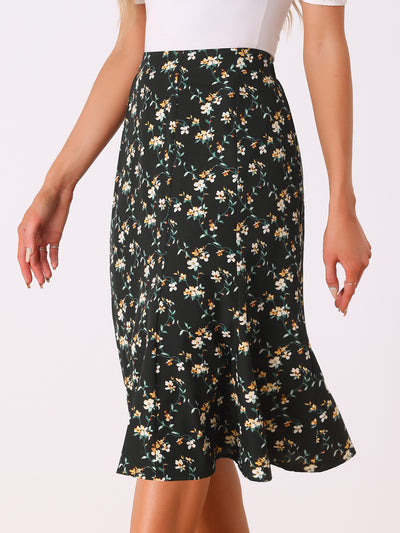 Floral Peasant Elastic Waist A-Line Ditsy Leave Midi Skirt