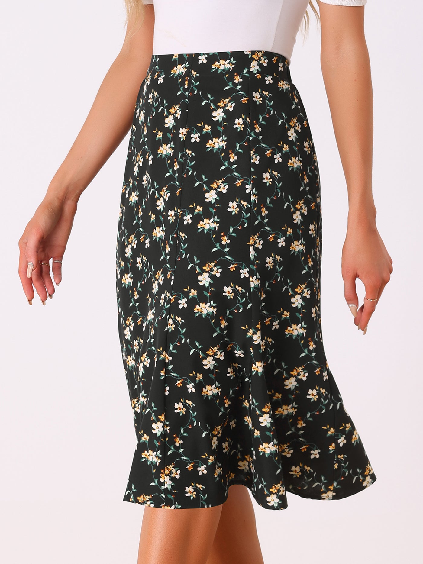 Allegra K Floral Peasant Elastic Waist A-Line Ditsy Leave Midi Skirt