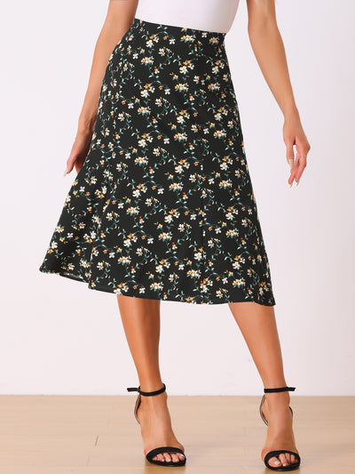 Floral Peasant Elastic Waist A-Line Ditsy Leave Midi Skirt