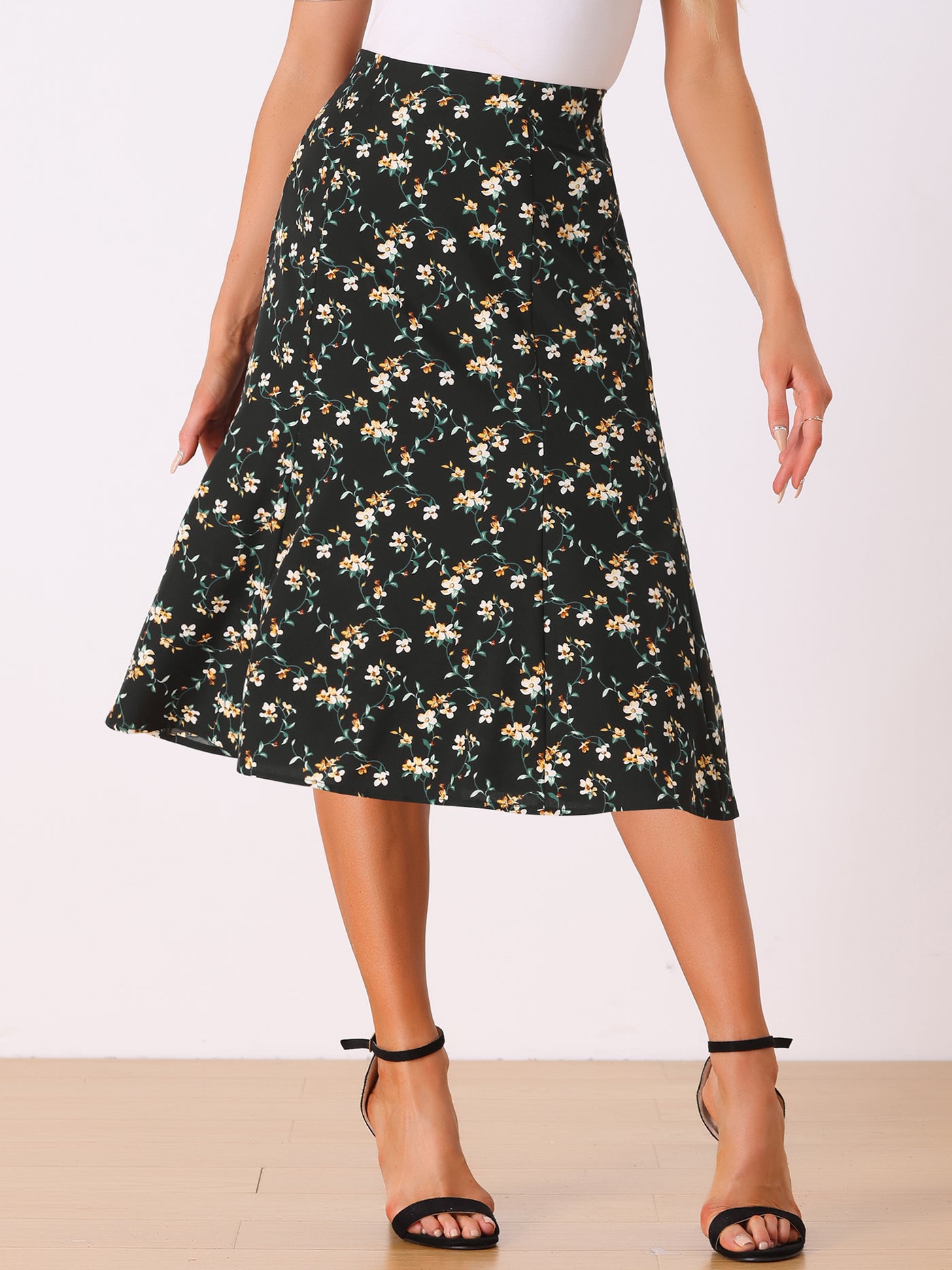 Allegra K Floral Peasant Elastic Waist A-Line Ditsy Leave Midi Skirt