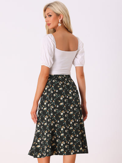 Floral Peasant Elastic Waist A-Line Ditsy Leave Midi Skirt