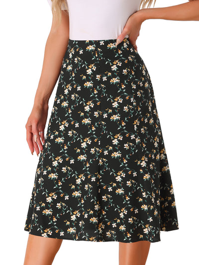 Floral Peasant Elastic Waist A-Line Ditsy Leave Midi Skirt