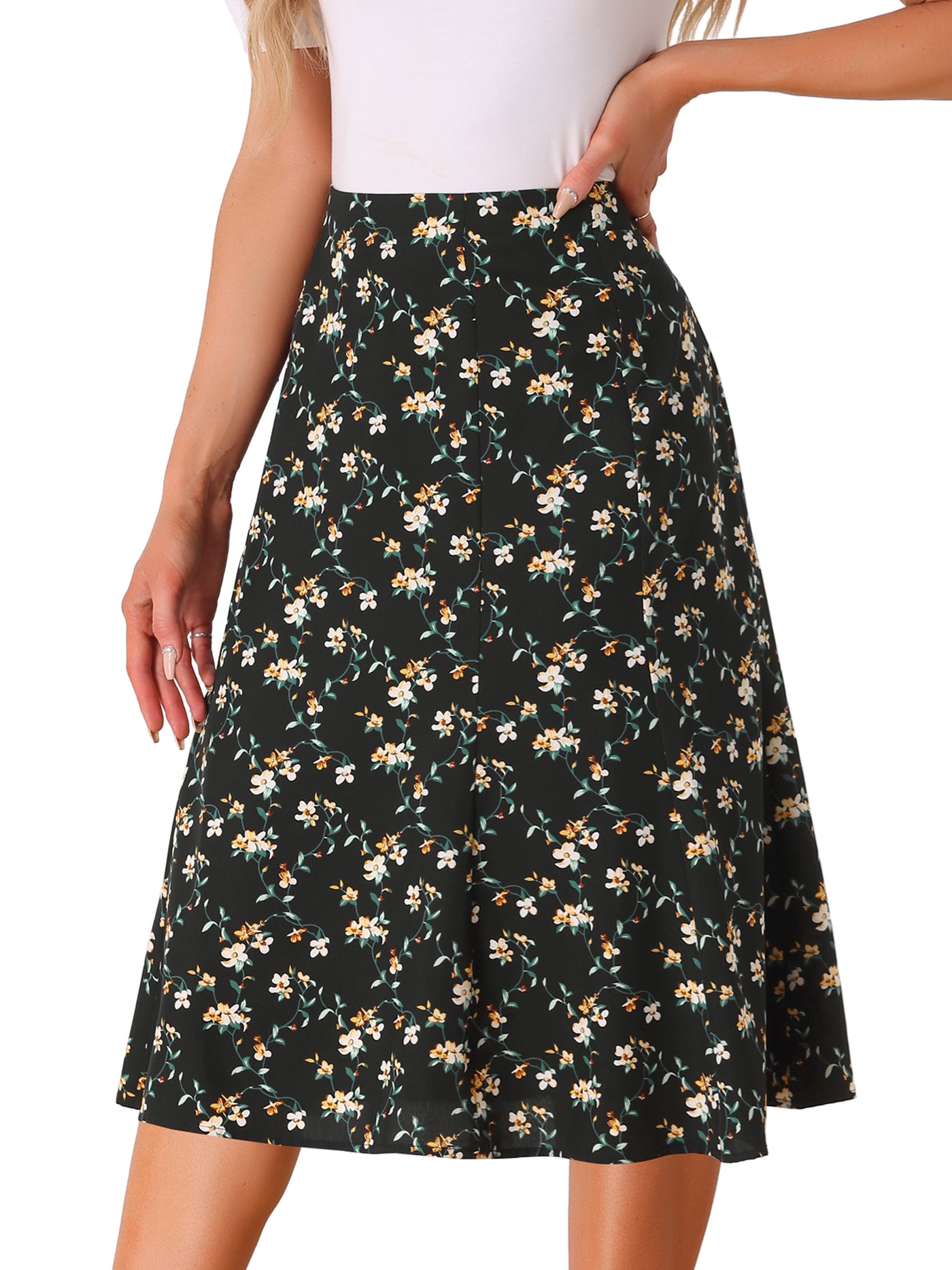 Allegra K Floral Peasant Elastic Waist A-Line Ditsy Leave Midi Skirt