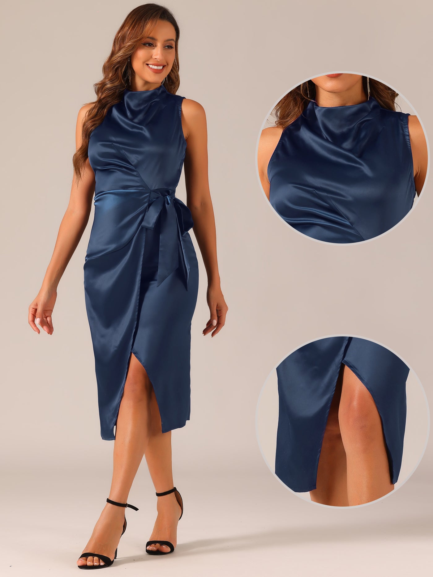 Allegra K Satin Sleeveless Dress Stand Collar Tie Ruched Waist Dress