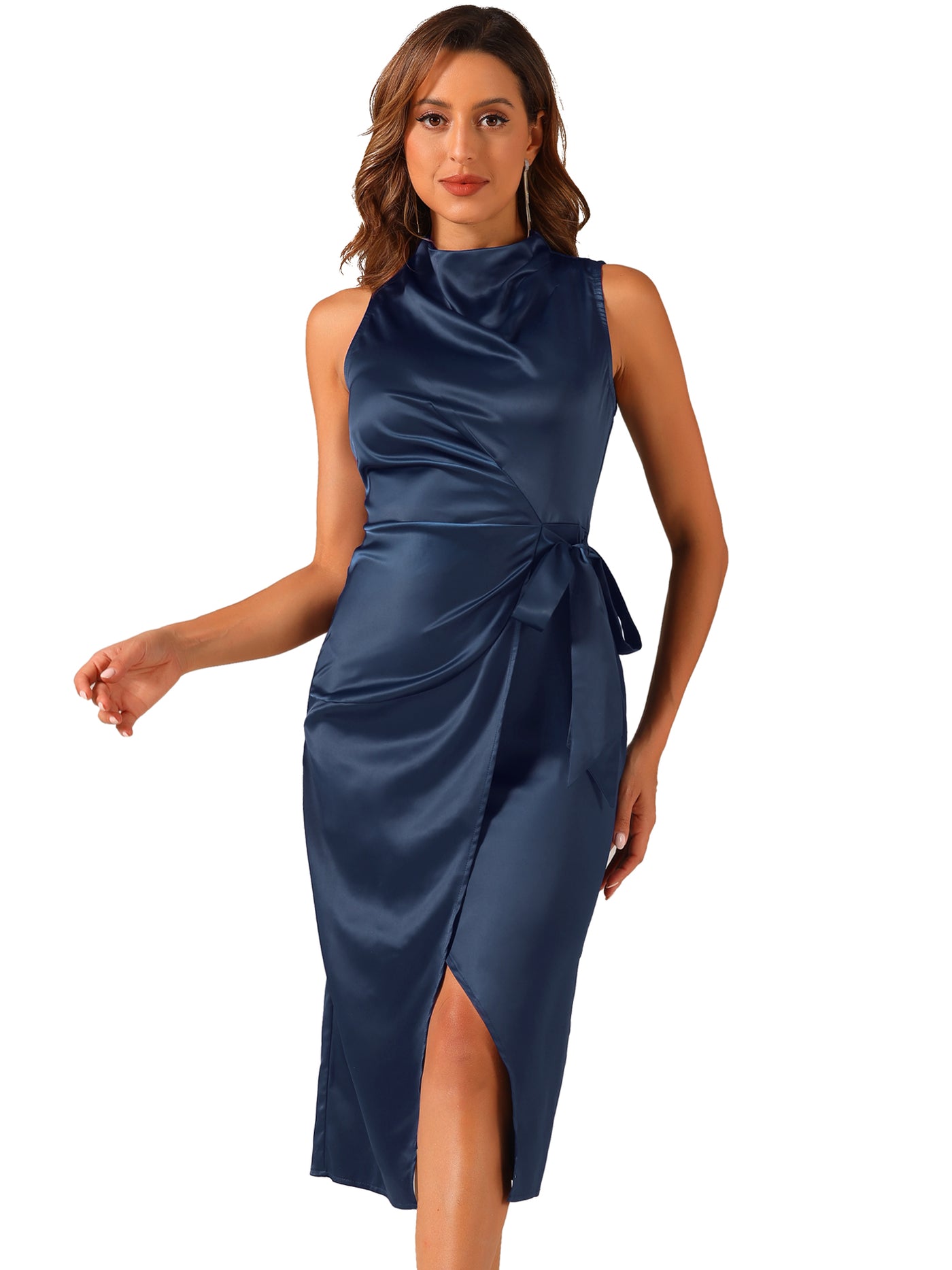 Allegra K Satin Sleeveless Dress Stand Collar Tie Ruched Waist Dress