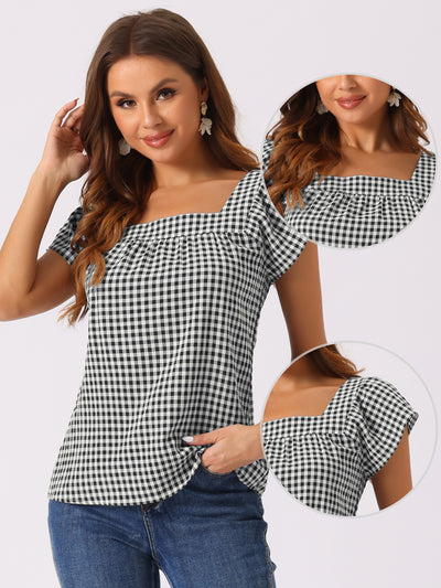 Square Neck Short Sleeves Gingham Plaid Blouse