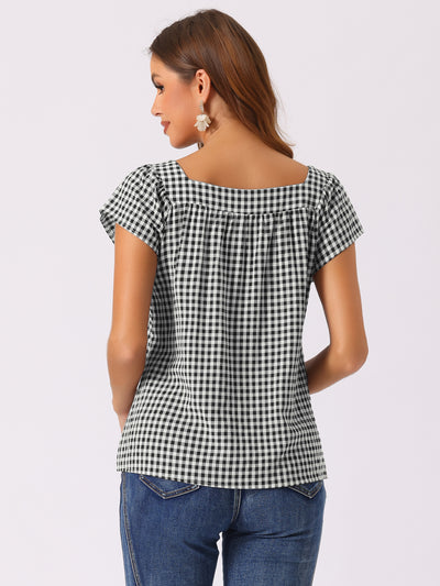 Square Neck Short Sleeves Gingham Plaid Blouse