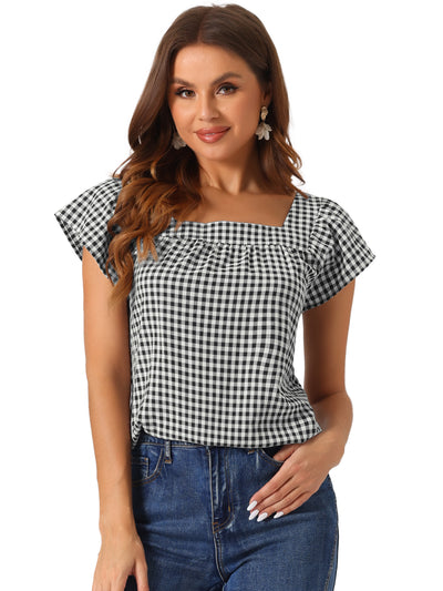 Square Neck Short Sleeves Gingham Plaid Blouse