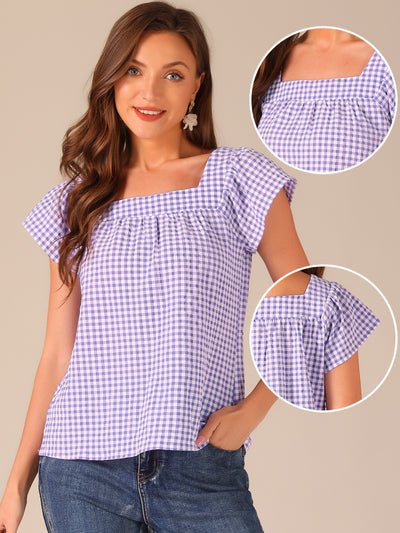 Square Neck Short Sleeves Gingham Plaid Blouse