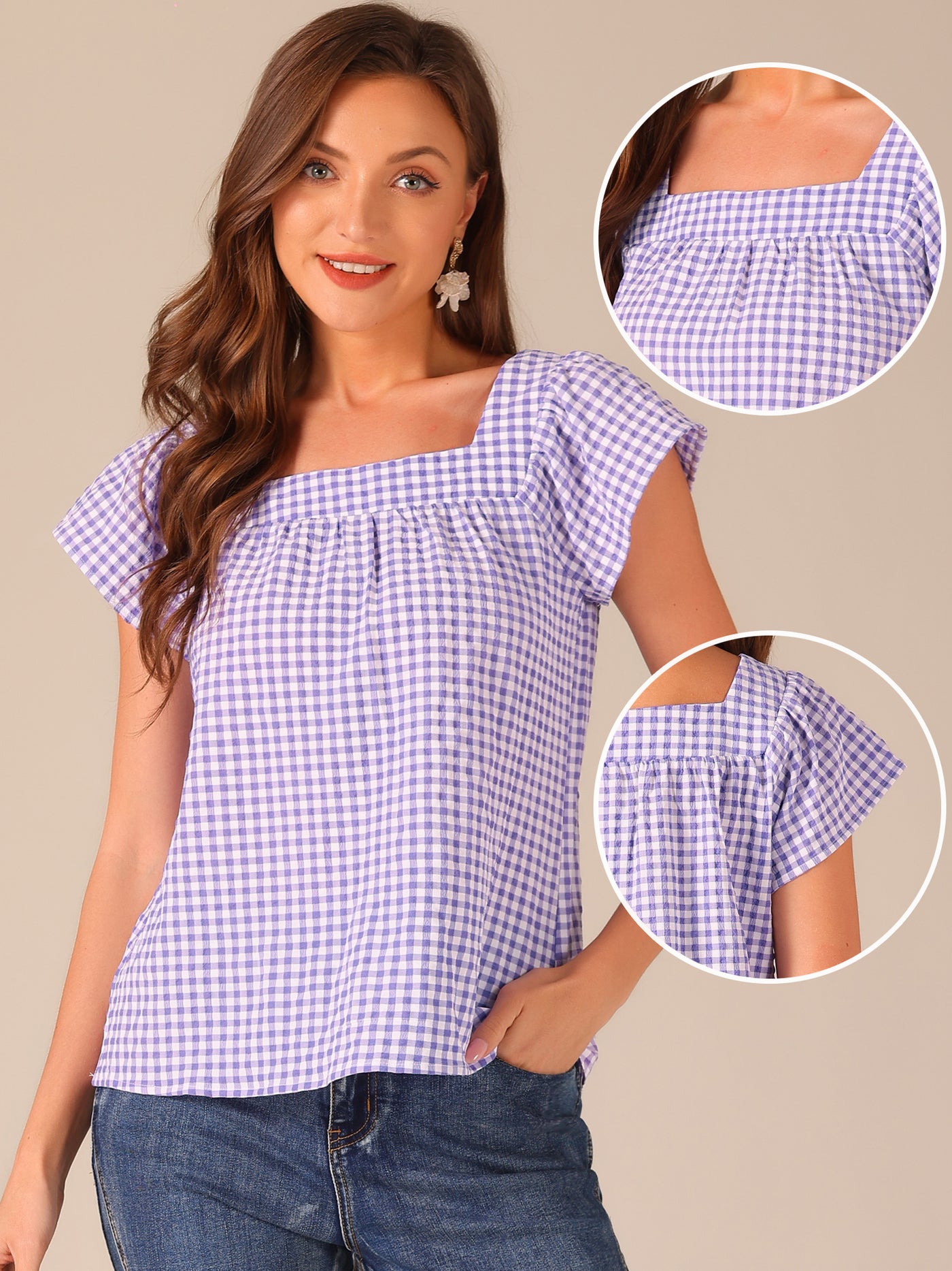 Allegra K Square Neck Short Sleeves Gingham Plaid Blouse