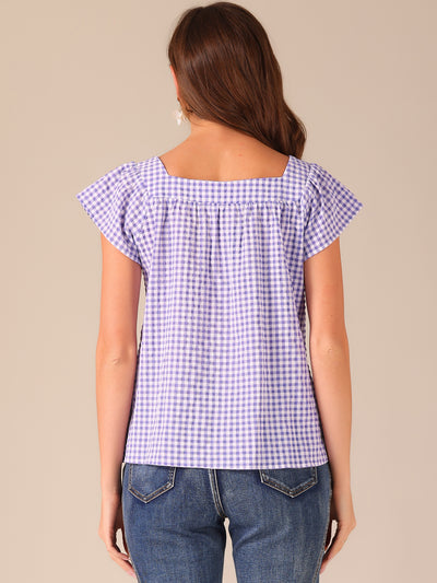 Square Neck Short Sleeves Gingham Plaid Blouse