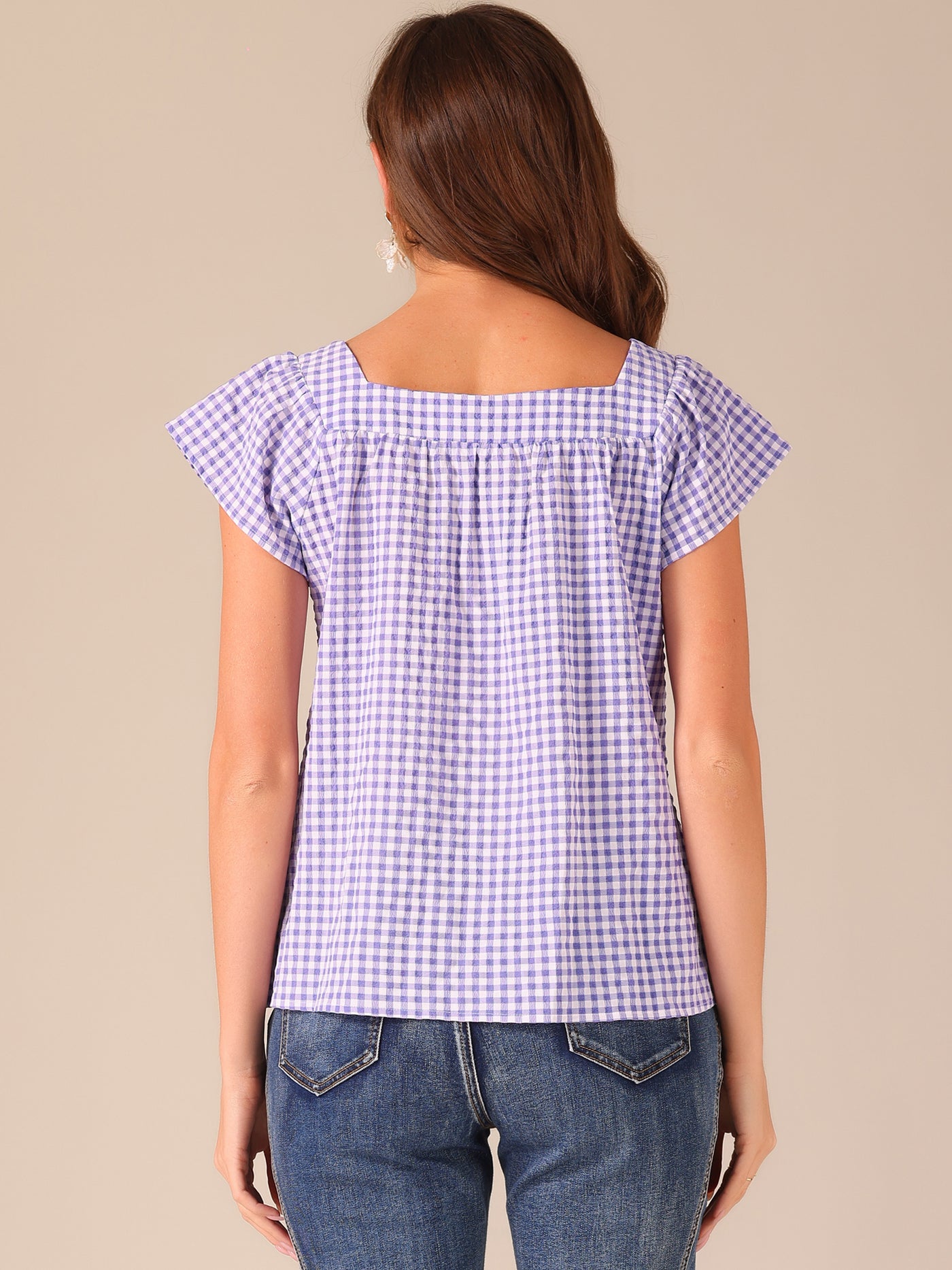 Allegra K Square Neck Short Sleeves Gingham Plaid Blouse