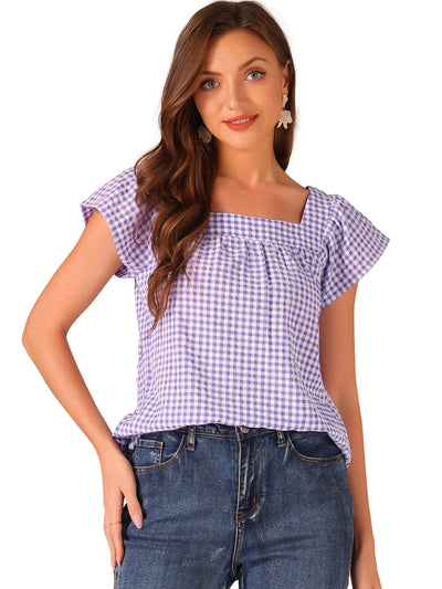 Square Neck Short Sleeves Gingham Plaid Blouse