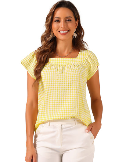 Square Neck Short Sleeves Gingham Plaid Blouse