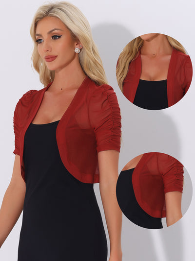 Short Sleeve Open Front Cropped Mesh Sheer Bolero Shrug