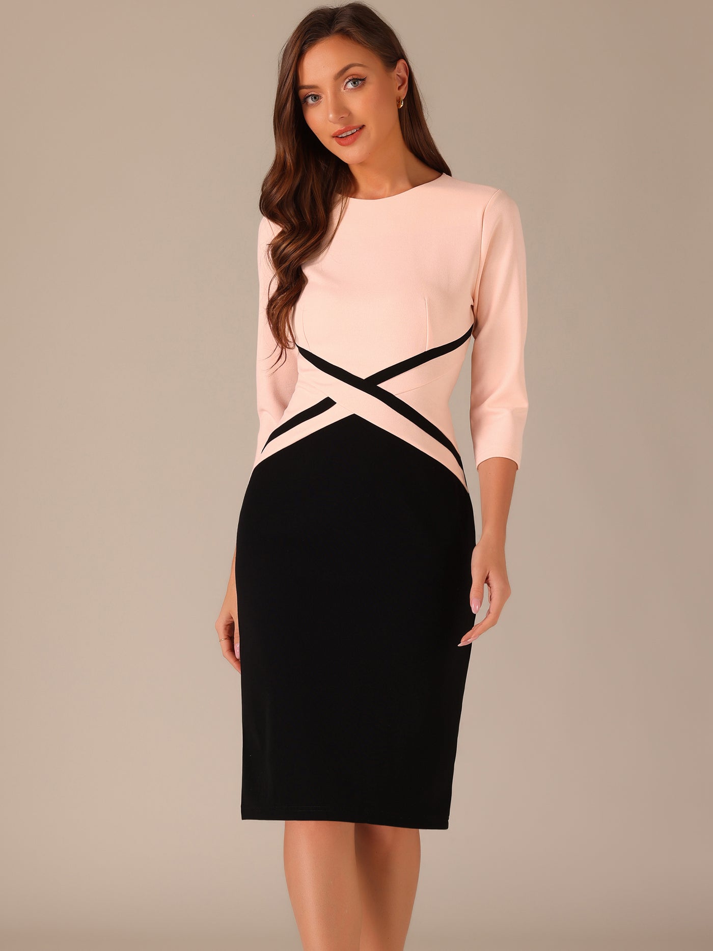 Allegra K Contrast Color 3/4 Sleeve Bodycon Work Office Pencil Sheath Dress