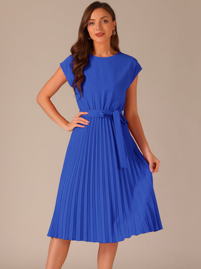 Crew Neck Sleeveless Tie Waist A-Line Pleated Dress