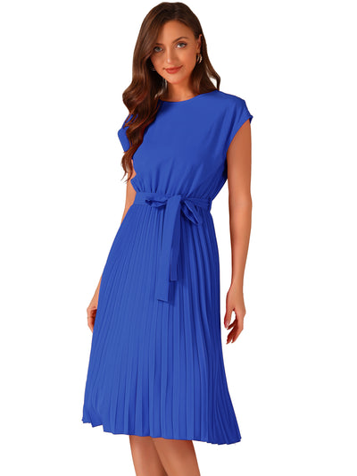 Crew Neck Sleeveless Tie Waist A-Line Pleated Dress