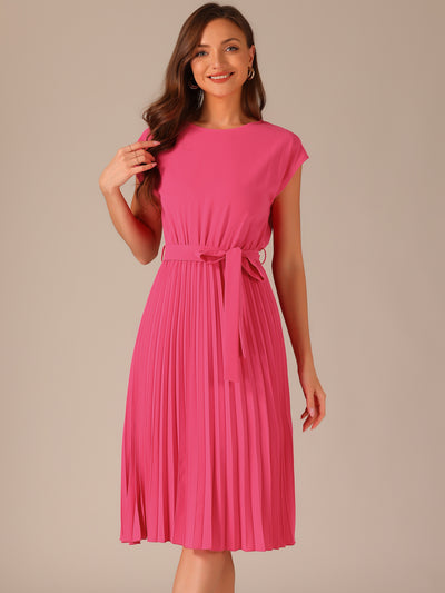 Crew Neck Sleeveless Tie Waist A-Line Pleated Dress