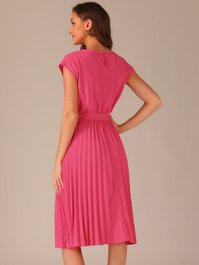 Crew Neck Sleeveless Tie Waist A-Line Pleated Dress