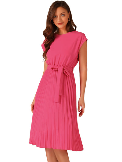 Crew Neck Sleeveless Tie Waist A-Line Pleated Dress