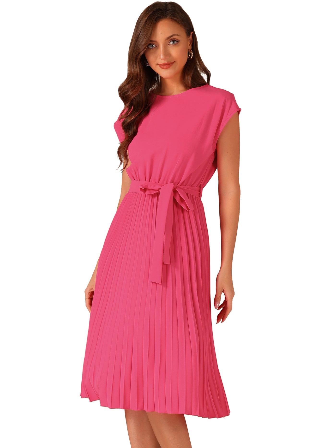 Allegra K Crew Neck Sleeveless Tie Waist A-Line Pleated Dress