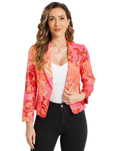 Open Front Floral Work Business Crop Blazer Jacket