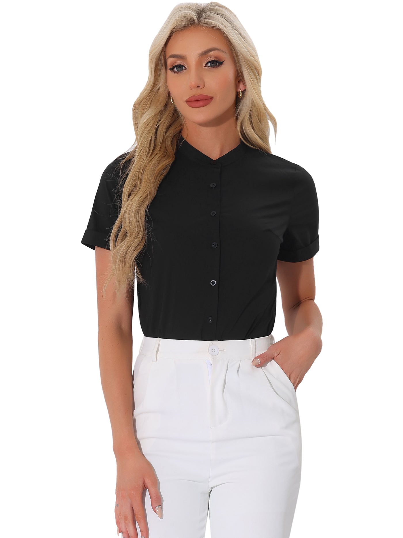 Allegra K Button Down Stand Collar Short Sleeve Office Work Shirt Bodysuits