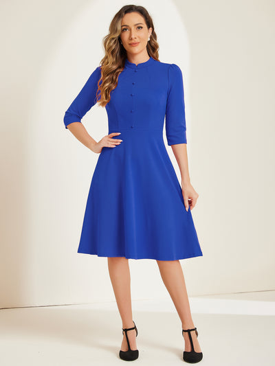 Retro 3/4 Sleeve Stand Collar Office Work Elegant A-Line Dress