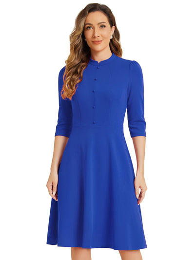 Retro 3/4 Sleeve Stand Collar Office Work Elegant A-Line Dress