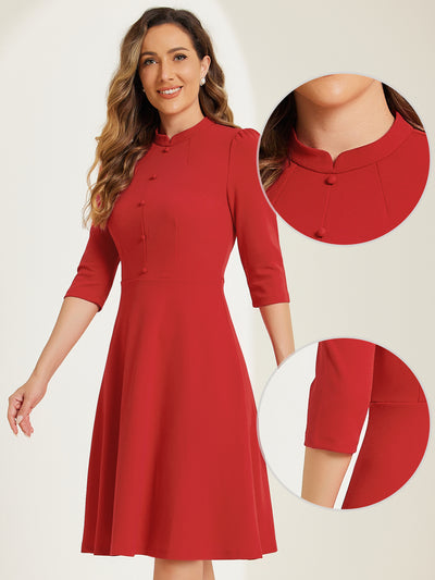 Retro 3/4 Sleeve Stand Collar Office Work Elegant A-Line Dress