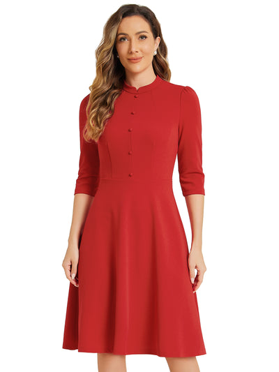 Retro 3/4 Sleeve Stand Collar Office Work Elegant A-Line Dress