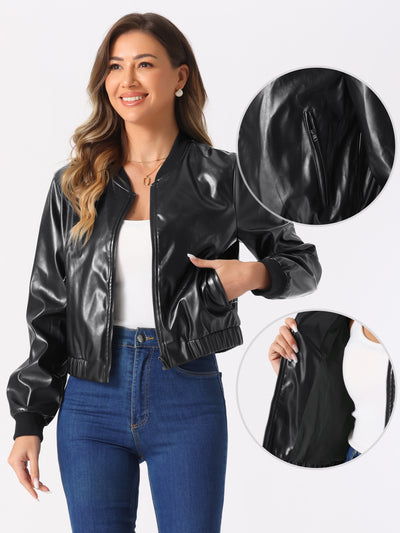 Allegra K PU Faux Leather Zip Up Cropped Moto Biker Bomber Jacket