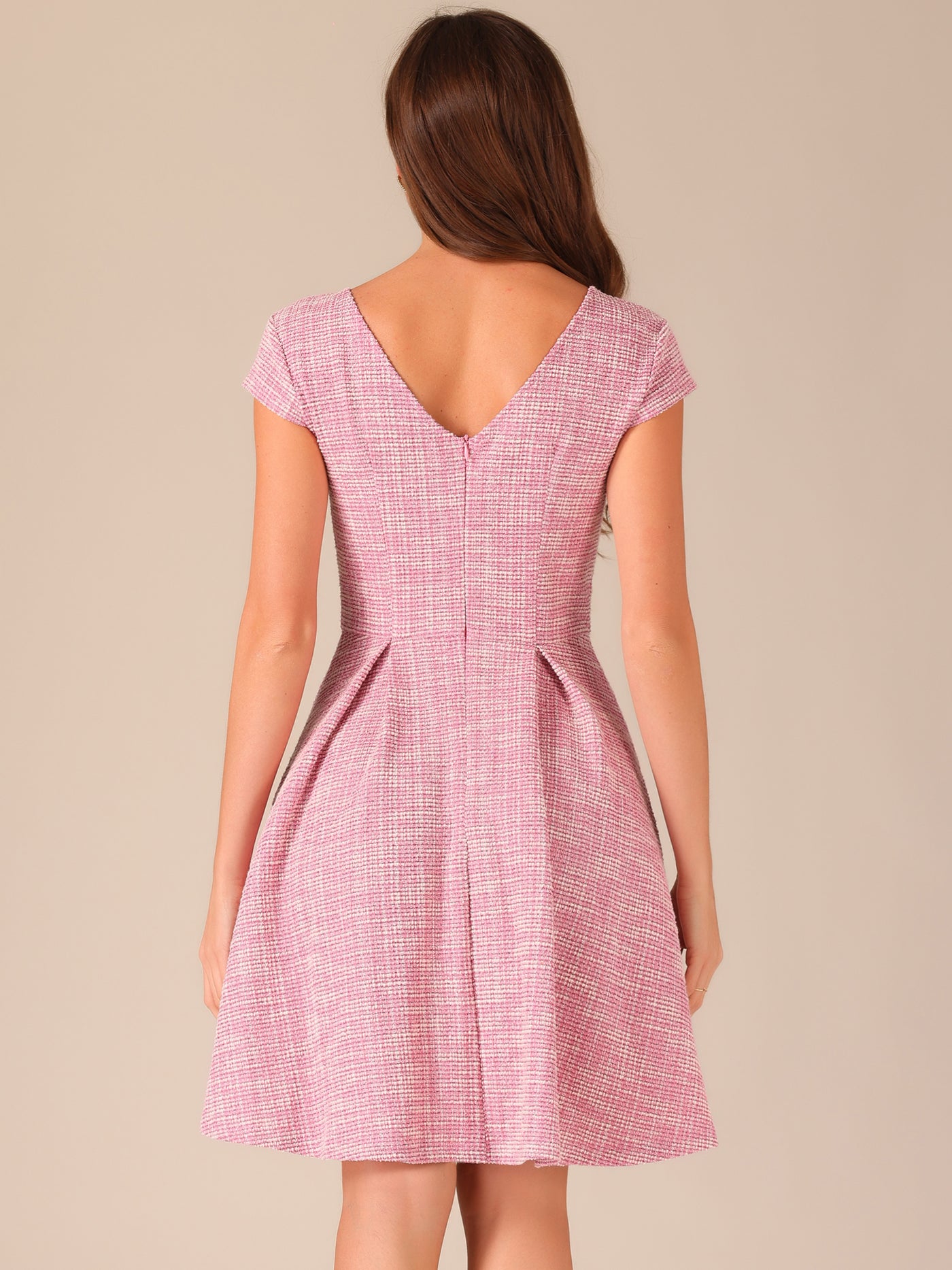 Allegra K Plaid Tweed Round Neck Cap Sleeve A-Line Vintage Pleated Dress