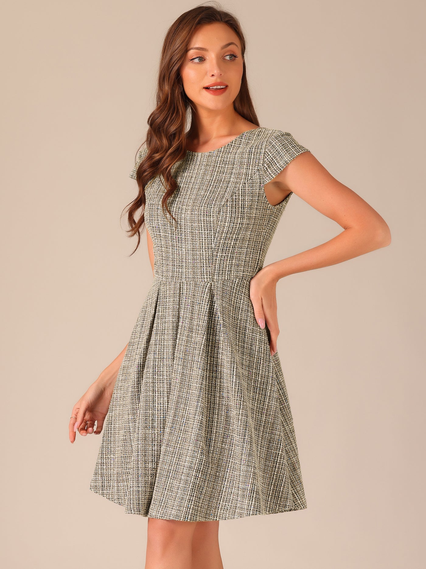 Allegra K Plaid Tweed Round Neck Cap Sleeve A-Line Vintage Pleated Dress