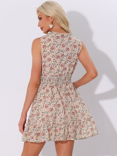 Floral Sleeveless V Neck Smocked Waist Ruffle Mini Dress Sundress