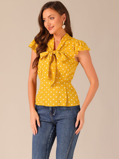 Summer Polka Dots Top Bow Tie V Neck Ruffled Cap Sleeve Office Blouse