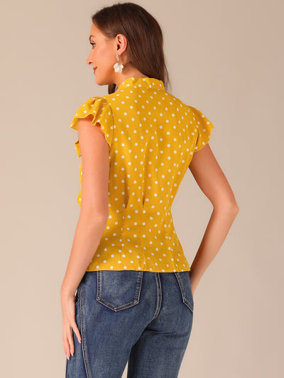 Summer Polka Dots Top Bow Tie V Neck Ruffled Cap Sleeve Office Blouse