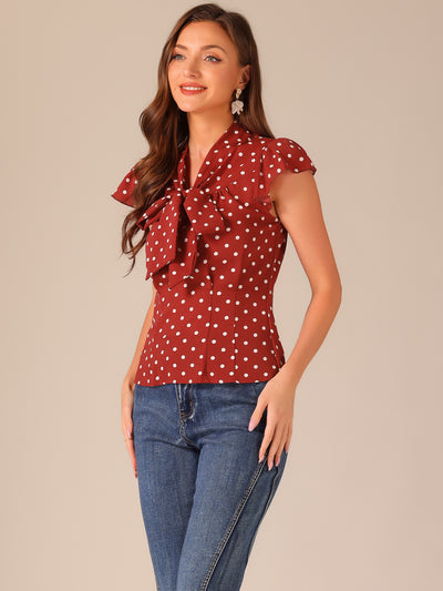 Summer Polka Dots Top Bow Tie V Neck Ruffled Cap Sleeve Office Blouse