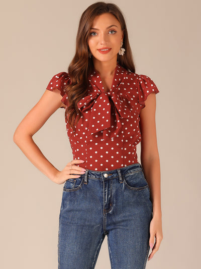 Summer Polka Dots Top Bow Tie V Neck Ruffled Cap Sleeve Office Blouse